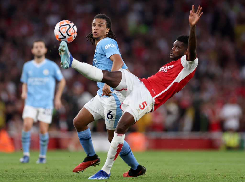 Arsenal midfielder Thomas Partey in action v Manchester City in Premier League amid transfer speculation