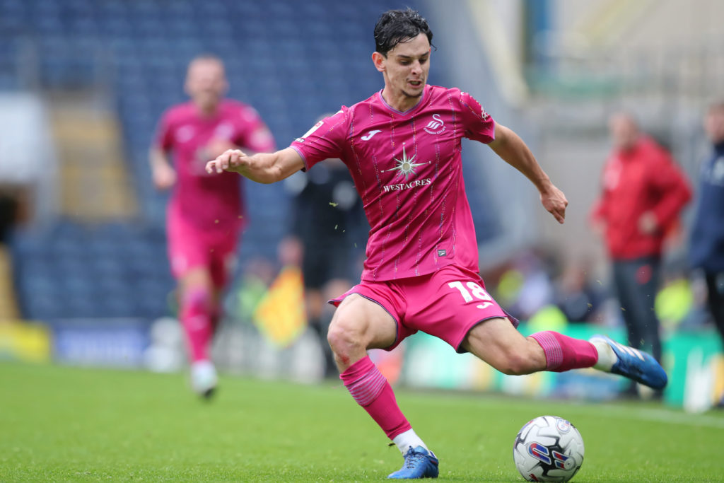 Arsenal midfielder Charlie Patino in action for Swansea City v Blackburn Rovers in EFL Championship amid transfer interest from Juventus