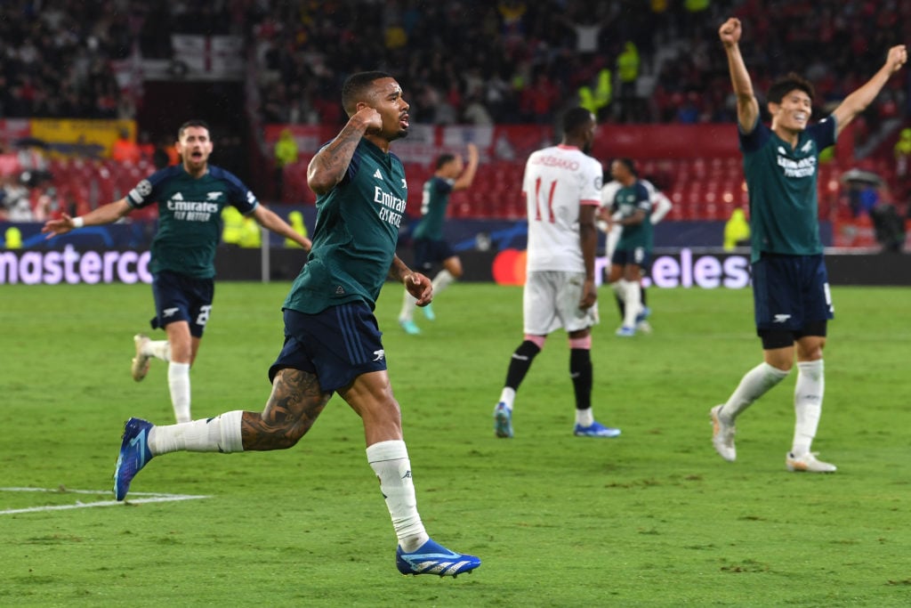 Arsenal striker Gabriel Jesus celebrates scoring vs Sevilla in Group B - UEFA Champions League 2023/24 before suffering hamstring injury