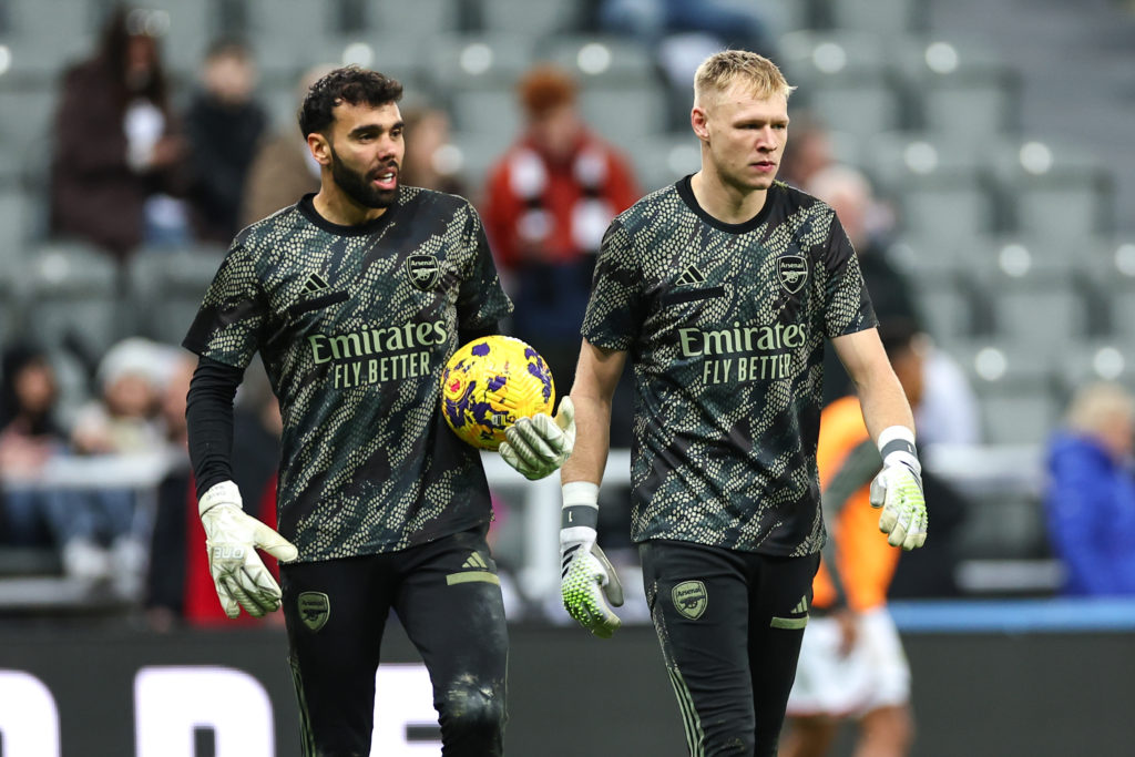 Arsenal goalkeepers David Raya and Aaron Ramsdale warm-up vs Newcastle United in in Premier League