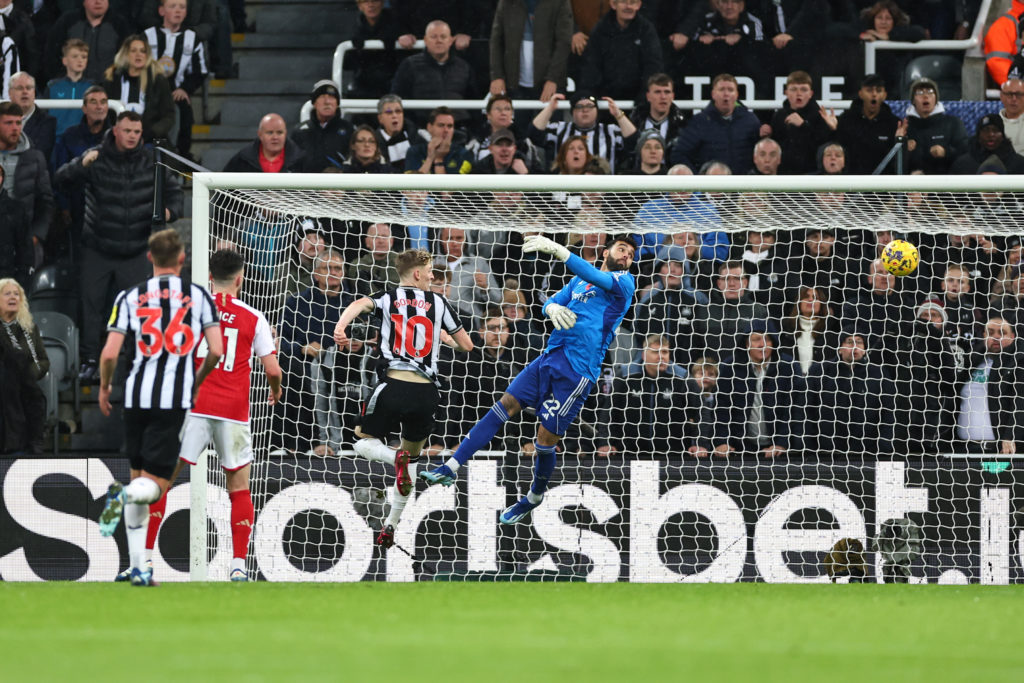 Arsenal goalkeeper David Raya concedes Anthony Gordon's controversial goal for Newcastle United in Premier League