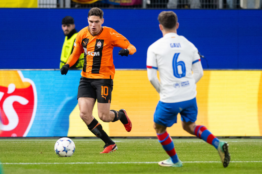 Shakhtar Donetsk midfielder Georgiy Sudakov in action v Barcelona in Group H of UEFA Champions League 2023/24 amid transfer interest from Arsenal and Chelsea