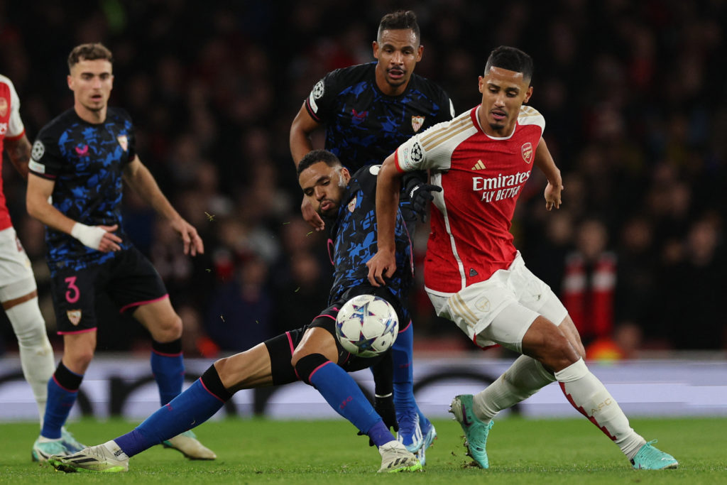 Arsenal defender William Saliba in Champions League group stage action vs Sevilla