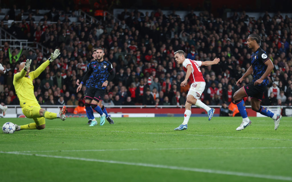 Arsenal forward Leandro Trossard scores v Sevilla in Group B - UEFA Champions League 2023/24 tie amid Mikel Arteta statement