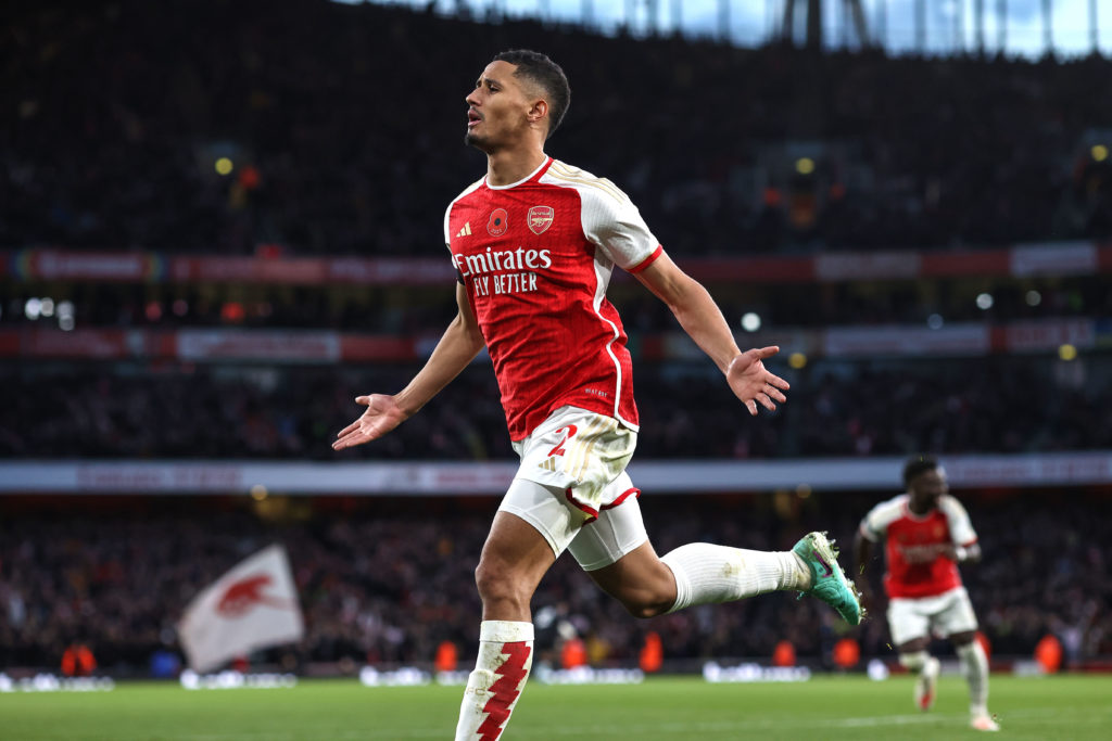 Arsenal defender William Saliba celebrates scoring v Burnley in Premier League amid Mikel Arteta challenge