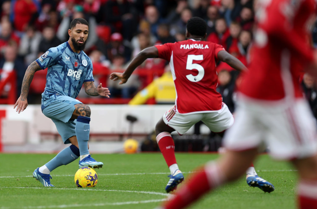 Aston Villa midfielder Douglas Luiz in Premier League action v Nottingham Forest amid transfer interest from Arsenal