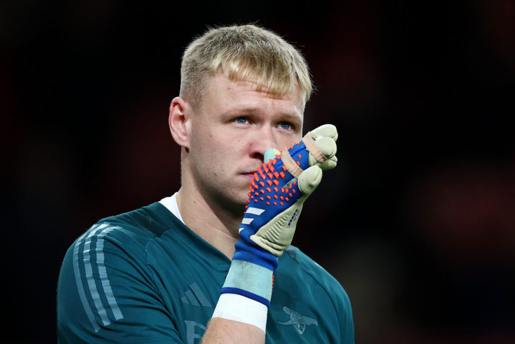 Arsenal goalkeeper Aaron Ramsdale warms-up v Sevilla in UEFA Champions League 2023/24 amid Arteta warning on transfer amid Chelsea interest