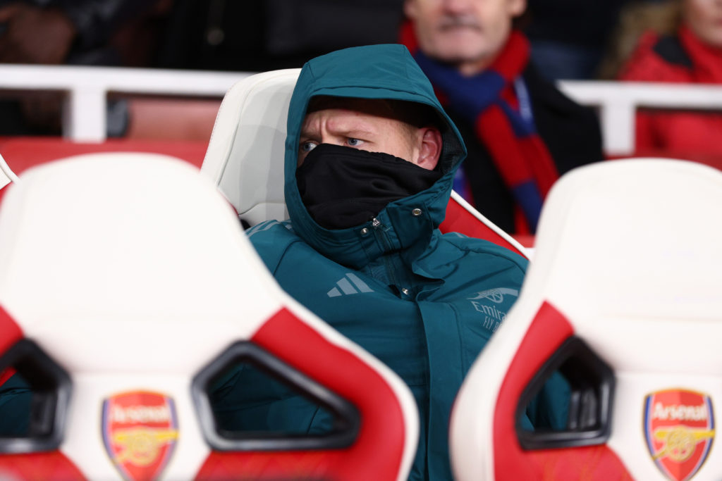 Arsenal goalkeeper Aaron Ramsdale on bench v Sevilla in Group B of UEFA Champions League 2023/24 amid Ian Wright reaction to honest admission