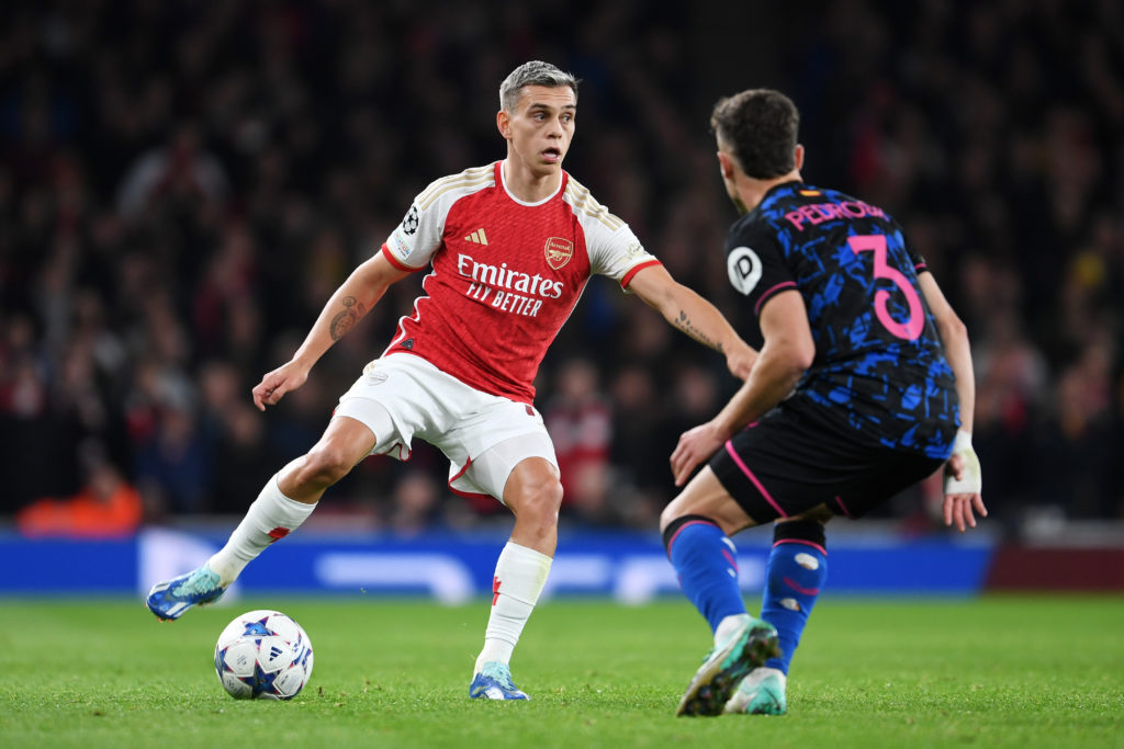 Arsenal forward Leandro Trossard in action v Sevilla in Group B - UEFA Champions League 2023/24 tie amid Mikel Arteta statement
