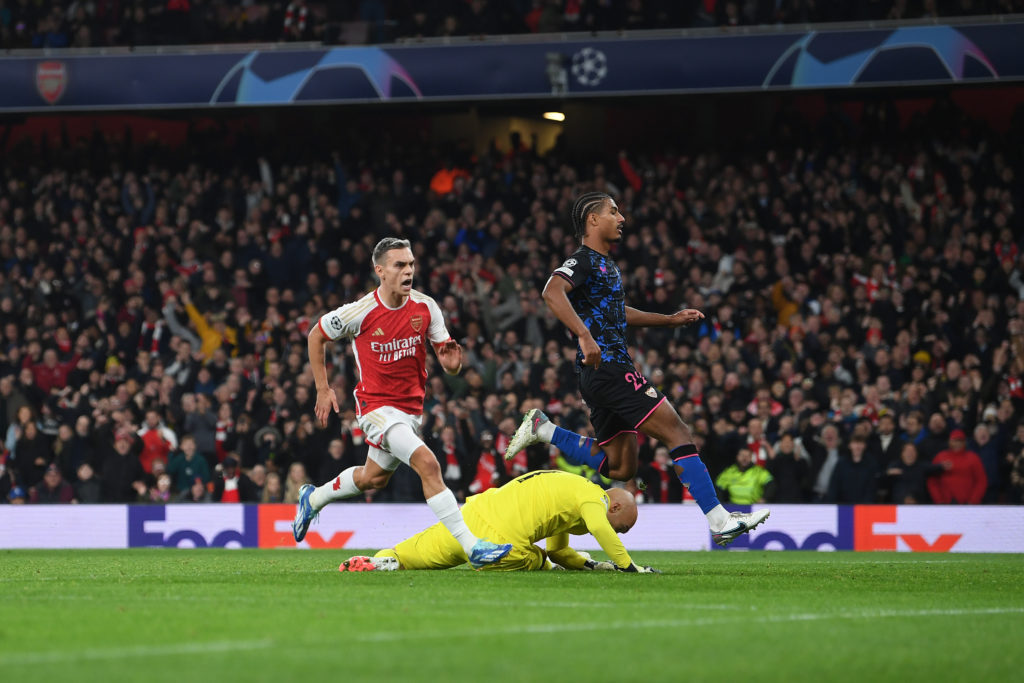 Arsenal winger Leandro Trossard celebrates scoring v Sevilla in Group B - UEFA Champions League 2023/24 tie