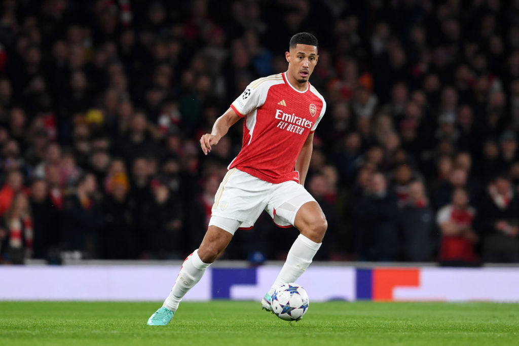 Arsenal defender William Saliba v Sevilla FC in Group B of UEFA Champions League 2023/24