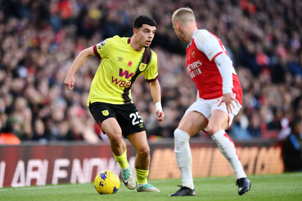 Burnley striker Zeki Amdouni in action v Arsenal in Premier League amid David Raya claim