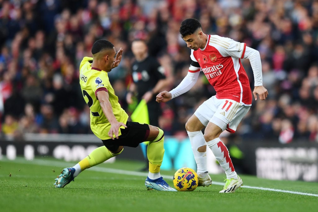 Arsenal winger Gabriel Martinelli in action v Burnley in Premier League amid praise from Paul Merson