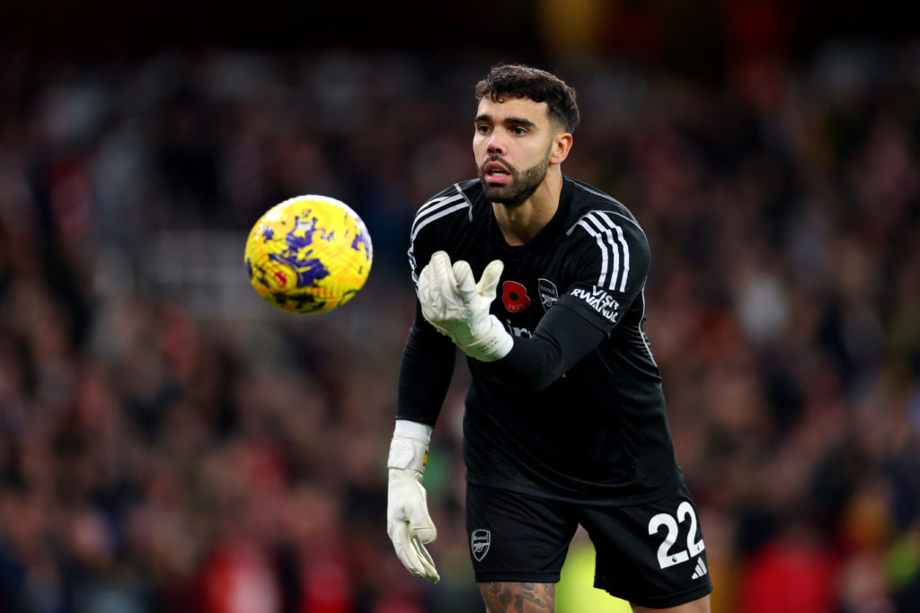 Arsenal goalkeeper David Raya in action v Burnley in Premier League