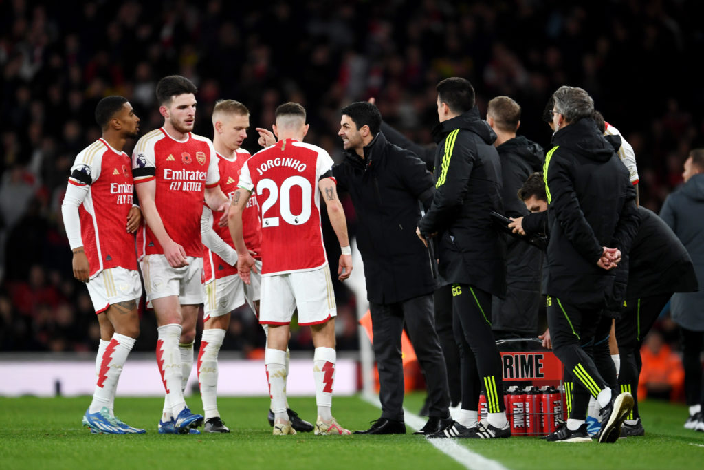 Arsenal manager Mikel Arteta gives instructions v Burnley in Premier League