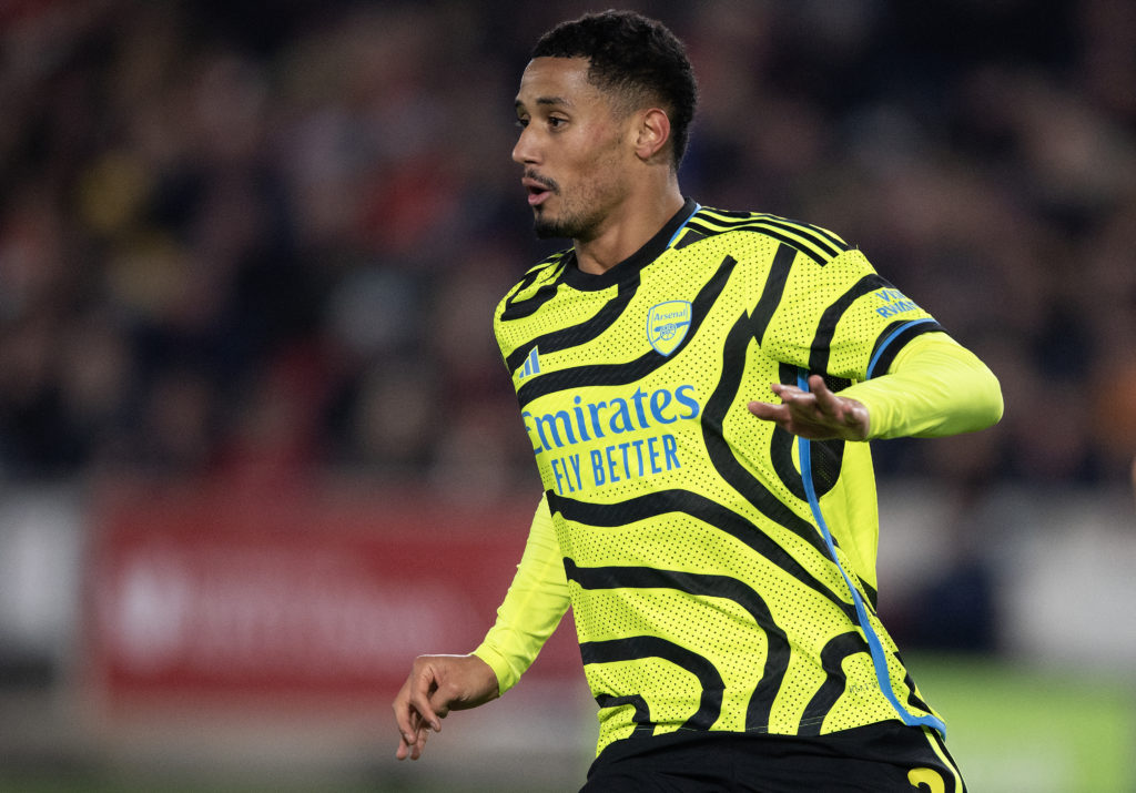 Arsenal defender William Saliba vs Brentford FC in Premier League