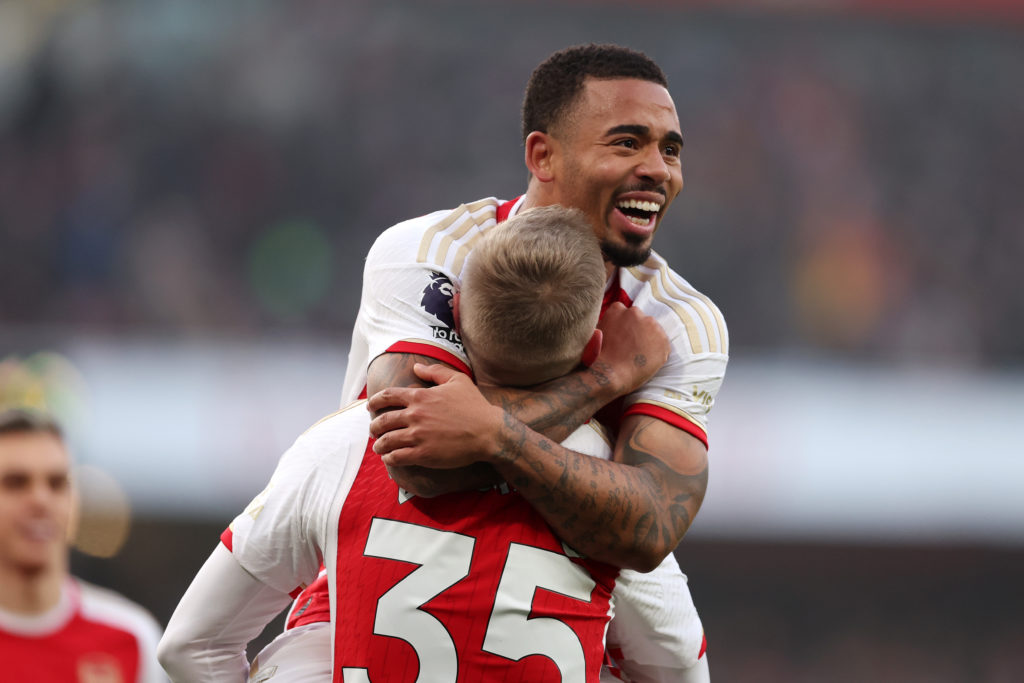 Gabriel Jesus celebrates scoring with Oleksandr Zinchenko during Arsenal FC v Wolverhampton Wanderers in the Premier League clash.