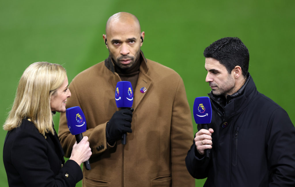 Gabby Logan, Thierry Henry and Mikel Arteta during an interview after an Arsenal game