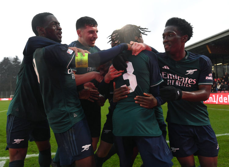 3 celebrates scoring Arsenal's 3rd goal with Charles Sagoe Jr and Maldini Kacurri and Amario Cozier-Duberry during the UEFA Youth League match between PSV Einhoven U19 and Arsenal U19 on December 12, 2023 in Eindhoven, Netherlands. (Photo by David Price/Arsenal FC via Getty Images