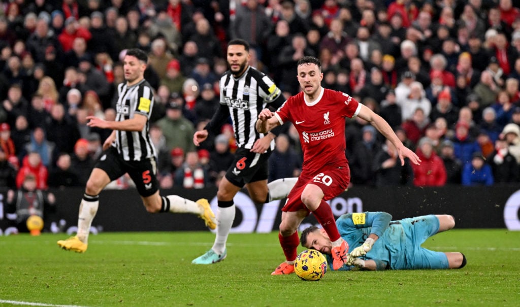 Diogo Jota in action during Liverpool FC v Newcastle United in the Premier League clash.