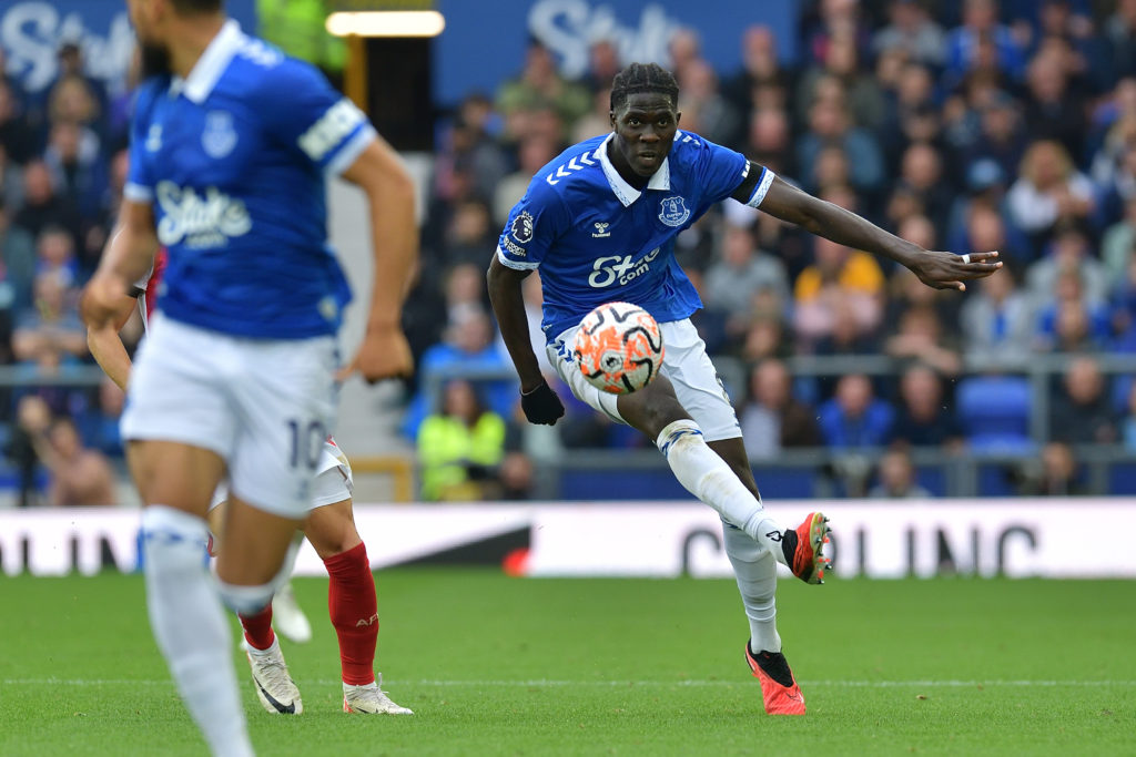 Everton midfielder Amadou Onana in action v Arsenal in Premier League
