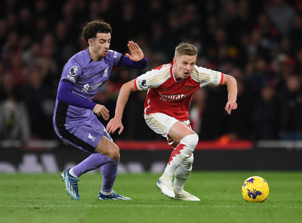 Arsenal defender Oleksandr Zinchenko in Premier League action vs Liverpool before injury