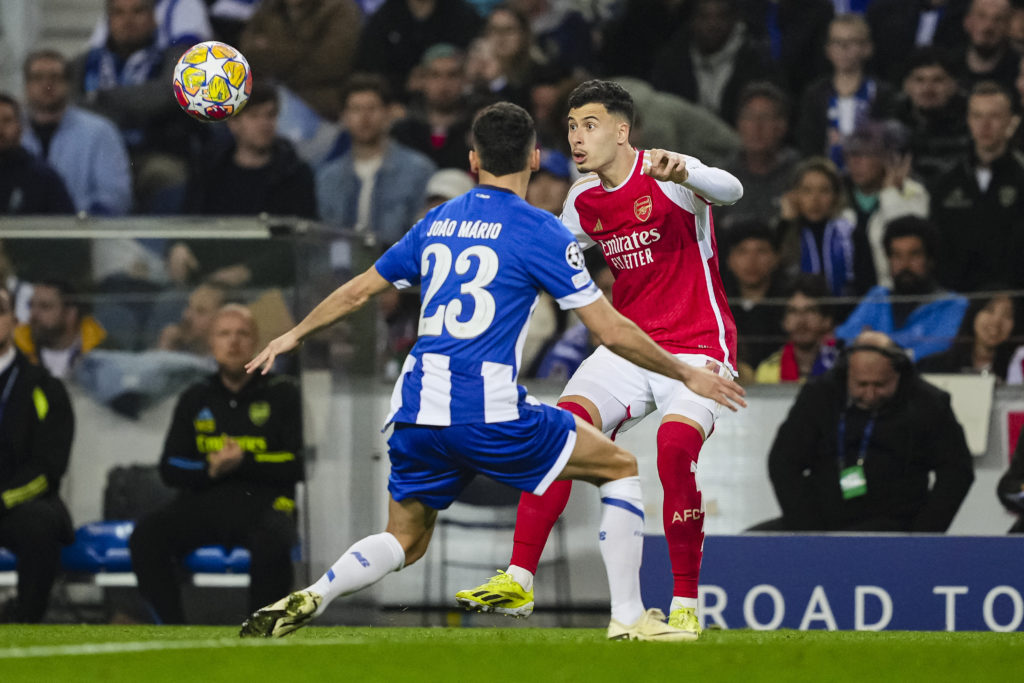 Arsenal forward Gabriel Martinelli in action vs FC Porto in Round of 16 First Leg in UEFA Champions League 2023/24