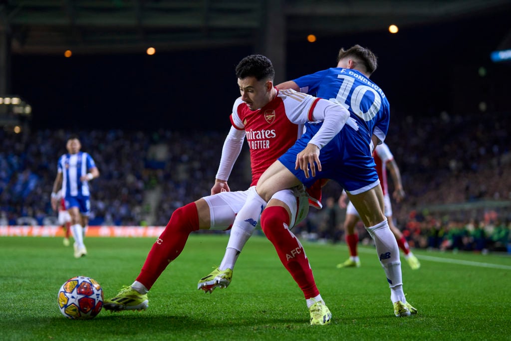 Arsenal forward Gabriel Martinelli in action vs FC Porto in Round of 16 First Leg in UEFA Champions League 2023/24