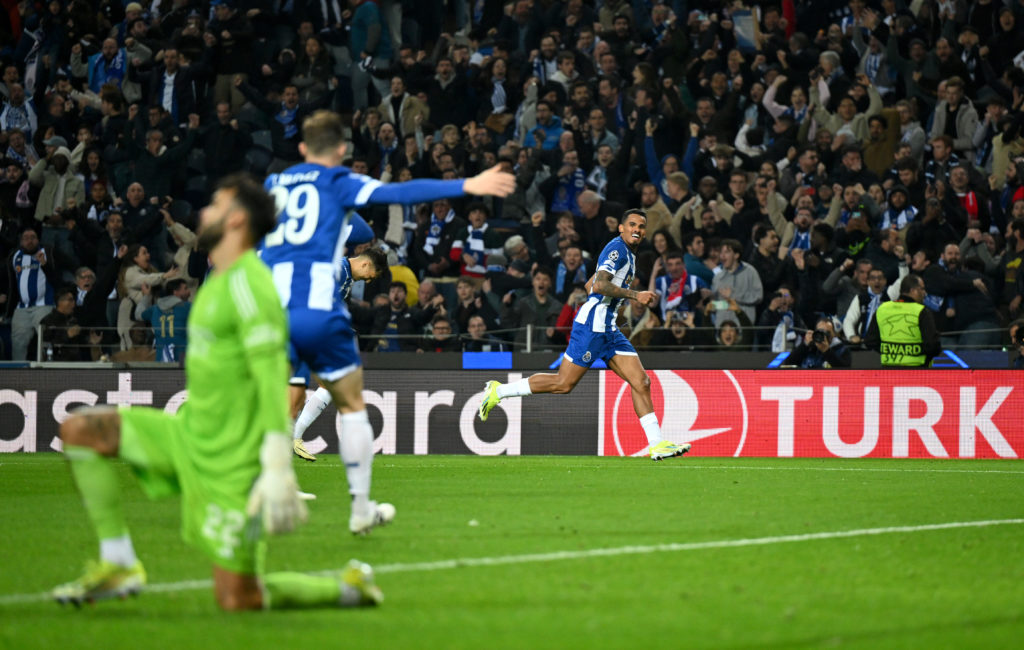 FC Porto winger Galeno celebrates scoring v Arsenal in Round of 16 First Leg in UEFA Champions League 2023/24