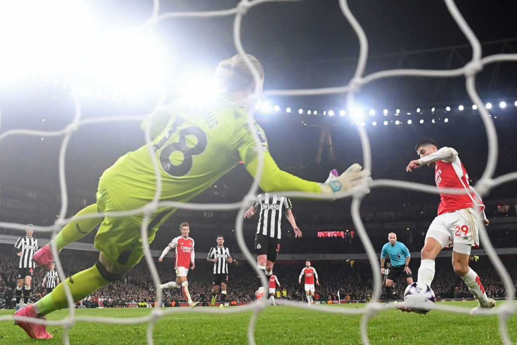 Arsenal midfielder Kai Havertz scoring goal v Newcastle United in Premier League
