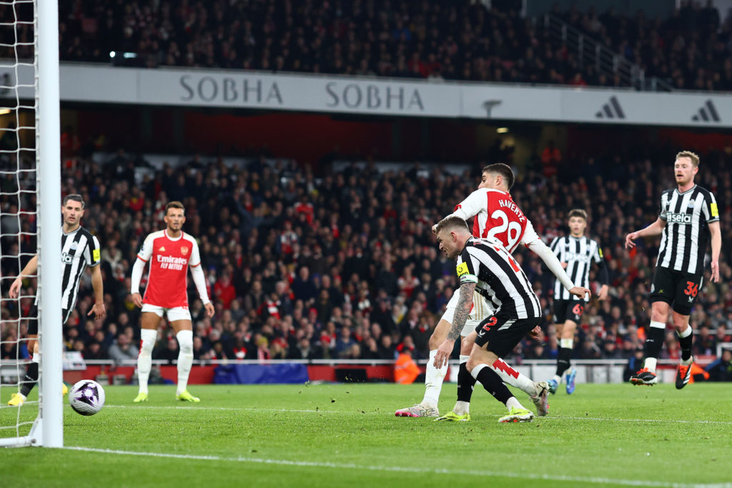 Arsenal midfielder Kai Havertz scoring goal v Newcastle United in Premier League