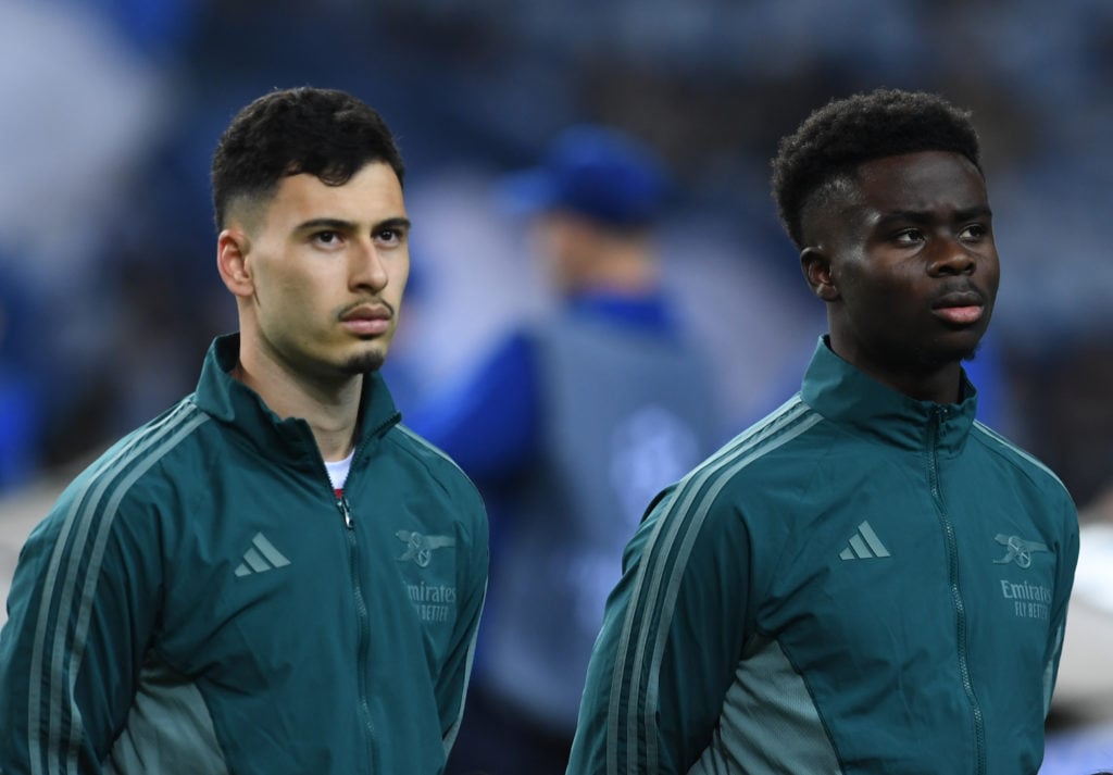 Arsenal forwards Gabriel Martinelli and Bukayo Saka react vs FC Porto in Champions League