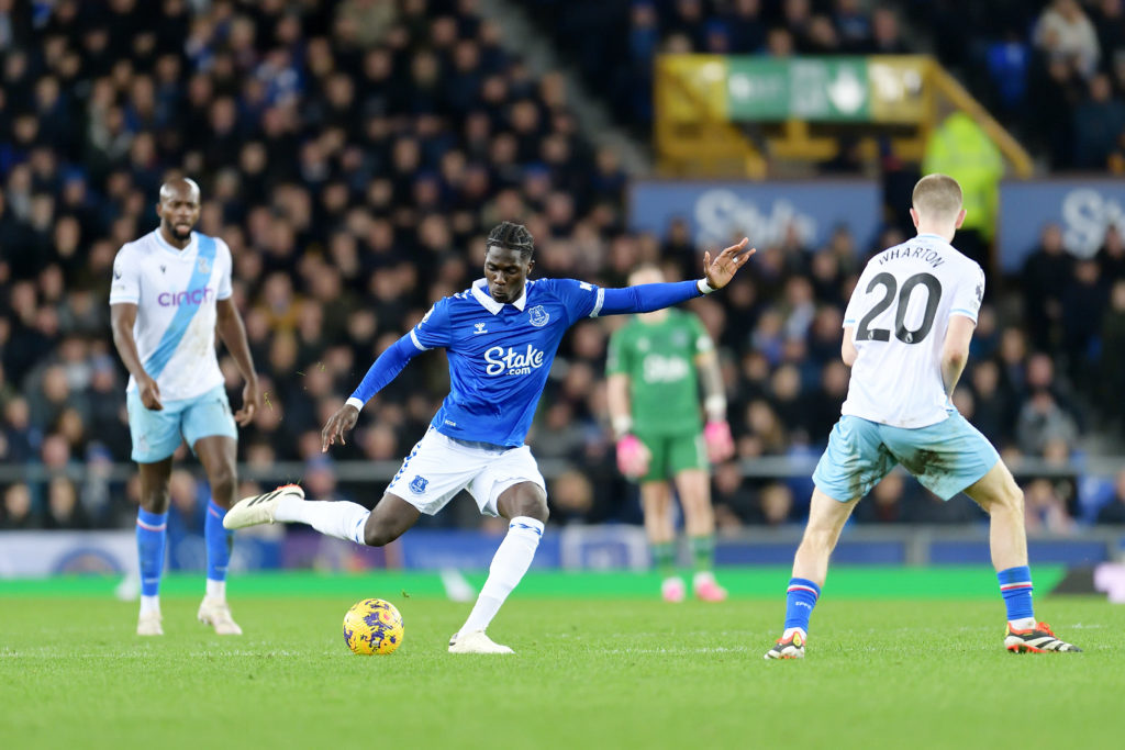 Everton midfielder Amadou Onana in action v Crystal Palace in Premier League
