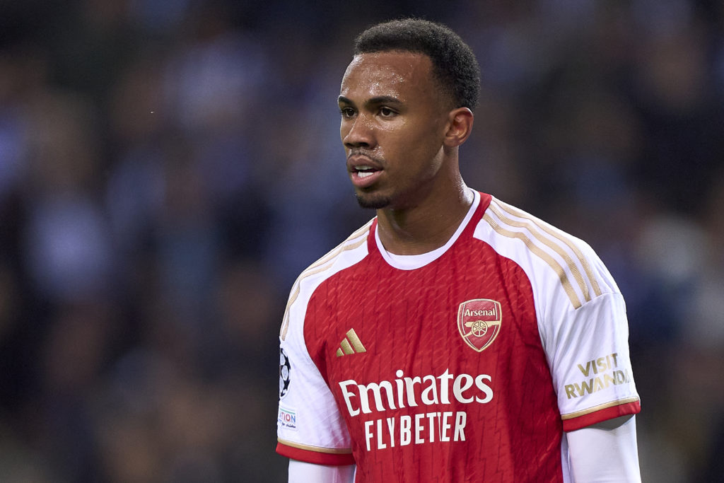 Arsenal defender Gabriel Maglahes reacts vs FC Porto in Round of 16 First Leg in UEFA Champions League 2023/24