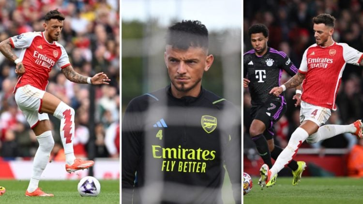 Three images of Arsenal's Ben White. Left, White breaks away from Zaniolo of Aston Villa. Centre, White during a training session. Right, White tak...