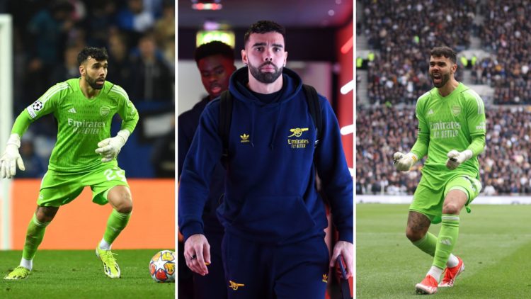 Three images of David Raya of Arsenal. Left, Raya looks to distribute the ball. Centre, Raya arrives prior to a match. Right, Raya celebrates durin...