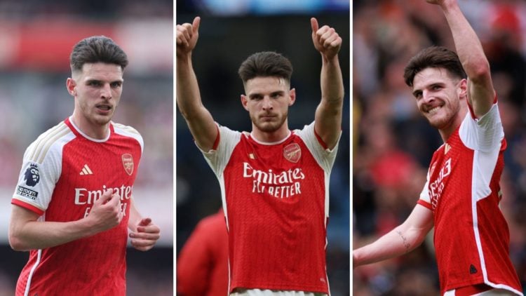 Three images of Declan Rice of Arsenal. Left, Rice jogs across the field. Centre, Rice gives a double thumbs up. Right, Rice celebrates during a ma...