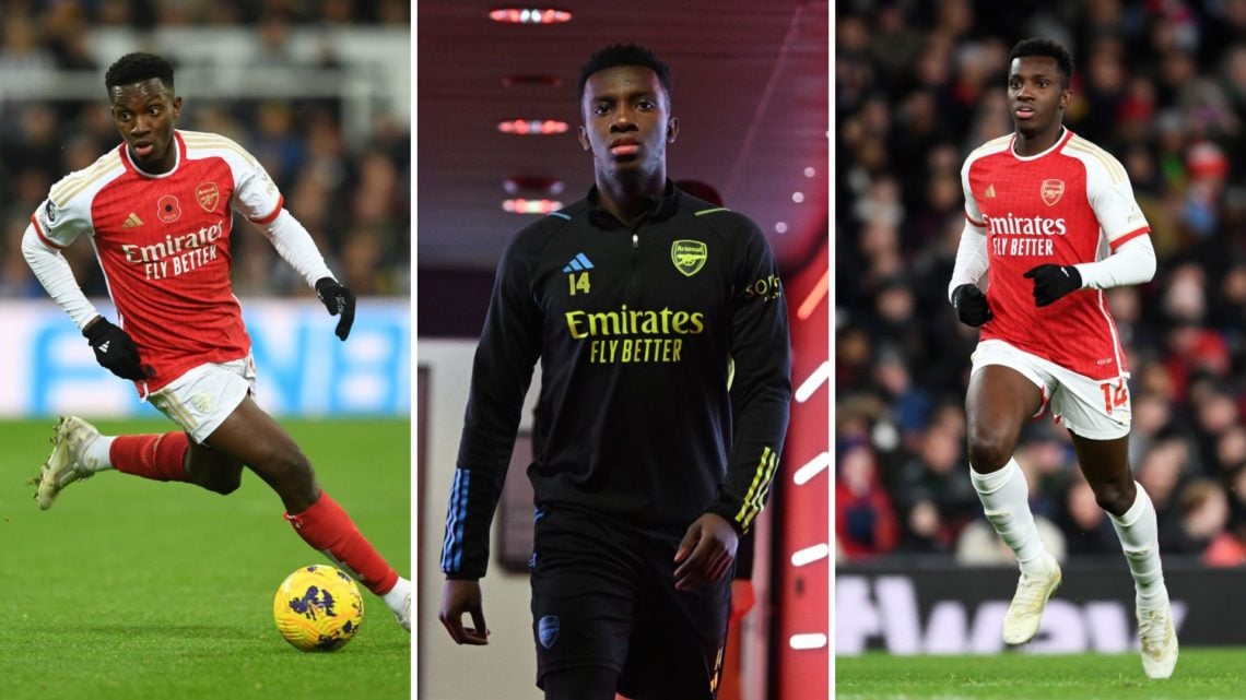 Image split into three. Left, Eddie Nketiah of Arsenal during a match. Centre, Eddie Nketiah before a training session. Right, Eddie Nketiah looks on.