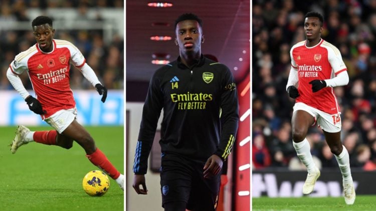 Image split into three. Left, Eddie Nketiah of Arsenal during a match. Centre, Eddie Nketiah before a training session. Right, Eddie Nketiah looks on.