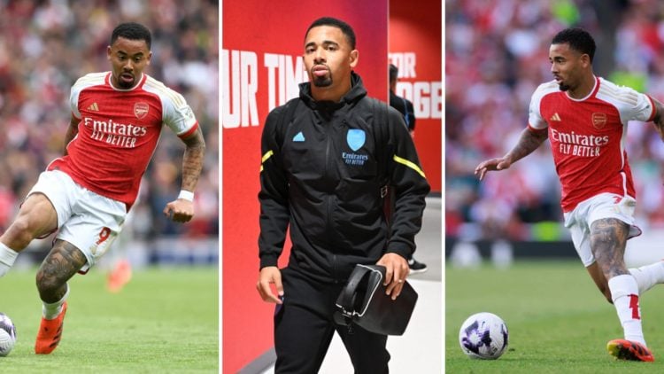 Image split into three. Left, Gabriel Jesus controls the ball. Centre, Jesus arrives at the stadium prior to a match. Right, Jesus gears up to kick...