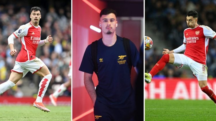 Three images of Gabriel Martinelli of Arsenal.