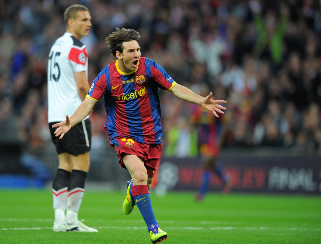 Barcelona's Lionel Messi celebrates scoring in 2011 Champions League final vs Manchester United
