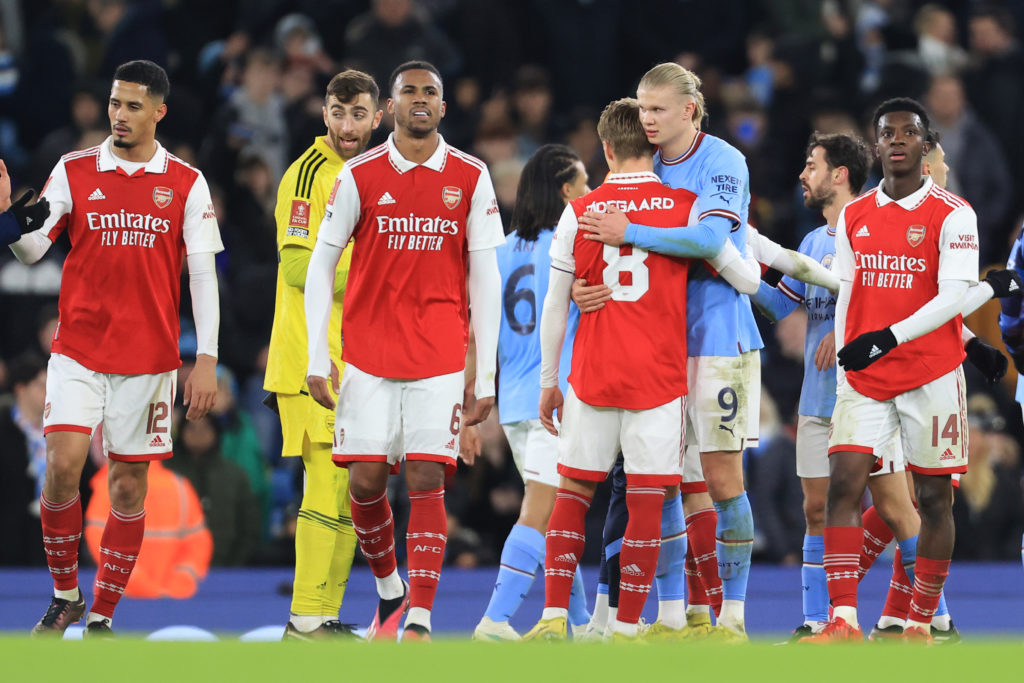 Manchester City striker Erling Haaland with Arsenal captain Martin Odegaard in Emirates FA Cup Fourth Round