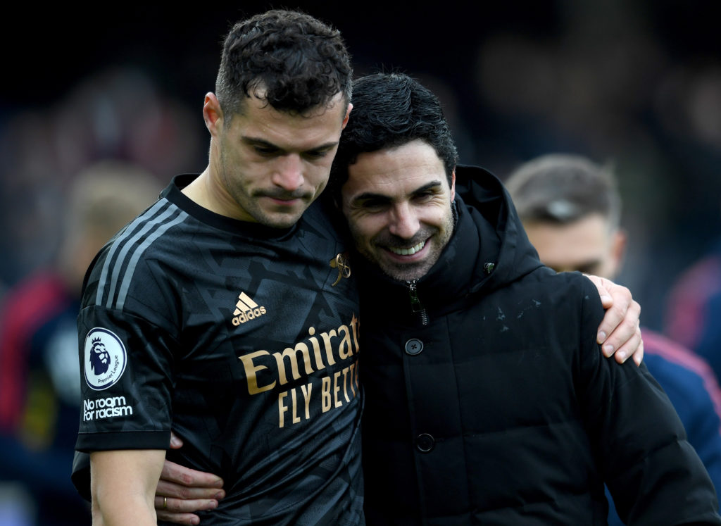 Granit Xhaka and Arsenal manager Mikel Arteta vs Fulham in Premier League