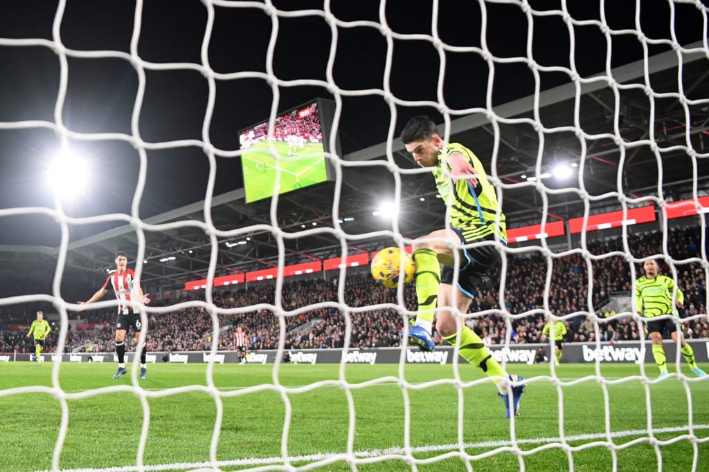 Arsenal midfielder Declan Rice clears off the line vs Brentford in Premier League
