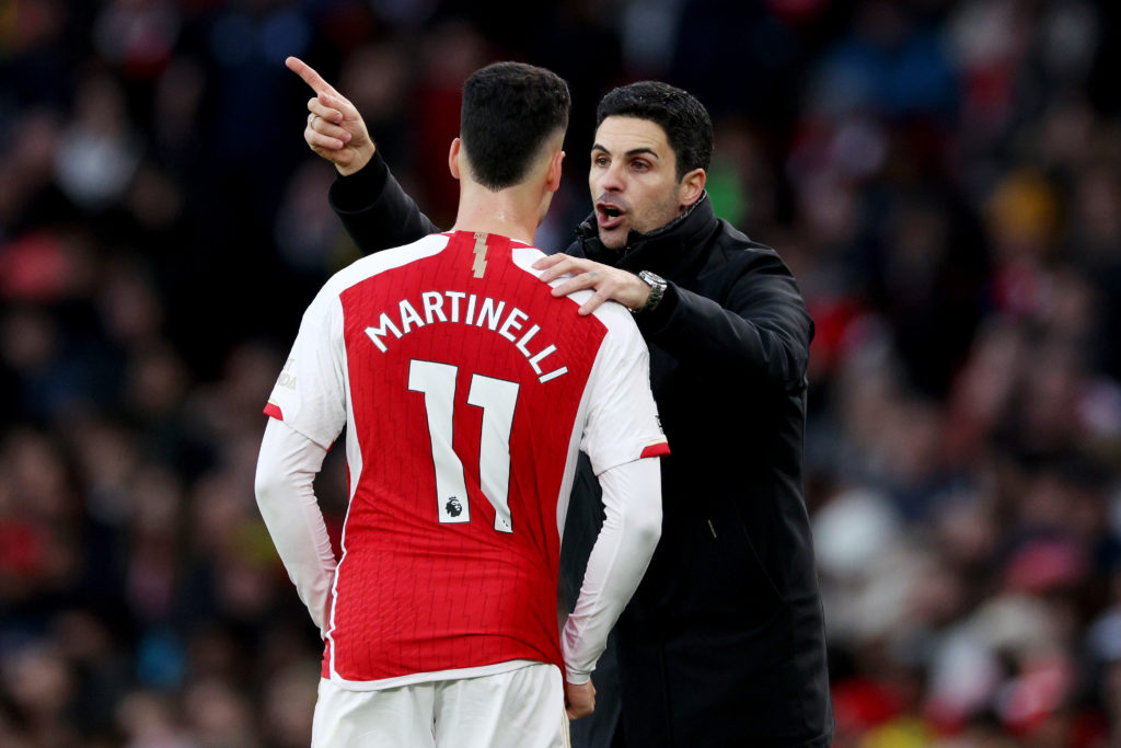 Arsenal manager Mikel Arteta interacts with Gabriel Martinelli v Brighton & Hove Albion in Premier League amid injury news