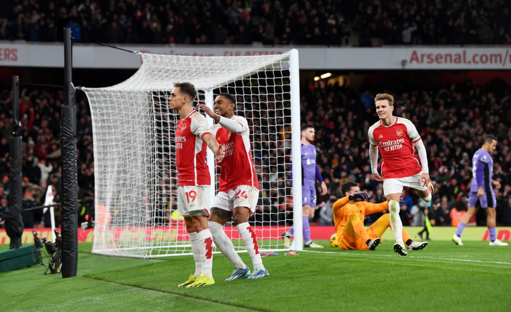 Arsenal winger Leandro Trossard celebrates scoring vs Premier League title rival Liverpool