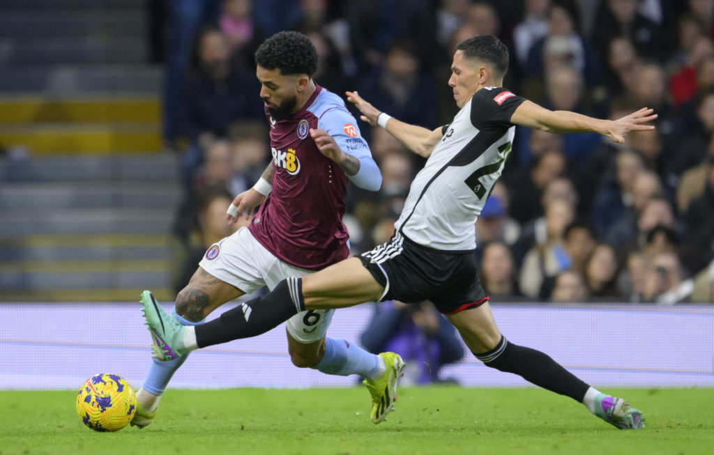 Aston Villa midfielder Douglas Luiz in Premier League action v Fulham amid Arsenal transfer interest