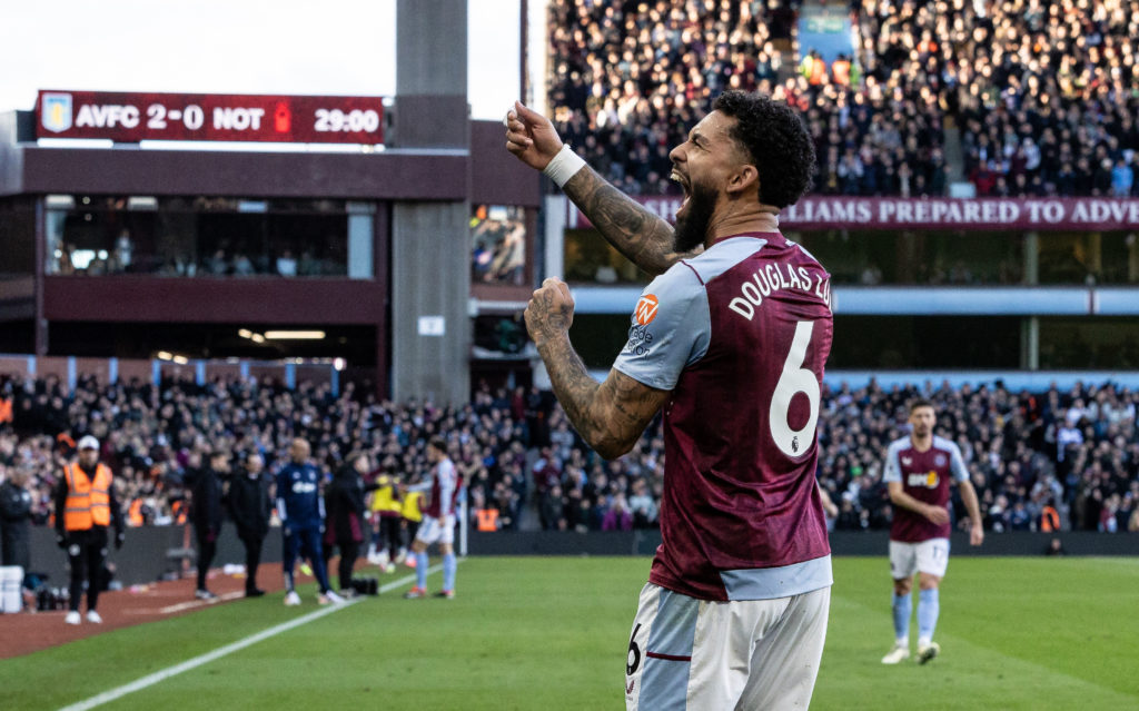 Aston Villa midfielder Douglas Luiz in Premier League action v Nottingham Forest amid Arsenal transfer interest