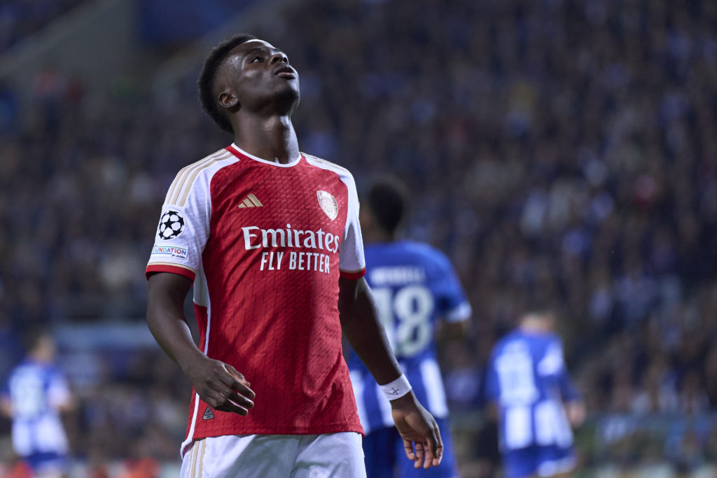 Arsenal forward Bukayo Saka vs FC Porto in Round of 16 First Leg of UEFA Champions League 2023/24